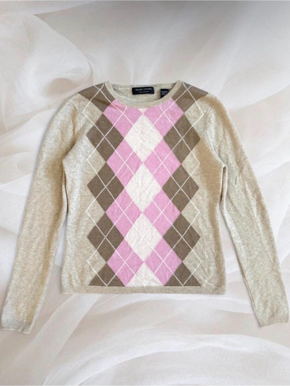 Valerie Stevens 100% Cashmere Argyle Sweater Cream Pink Preppy Pullover Cozy